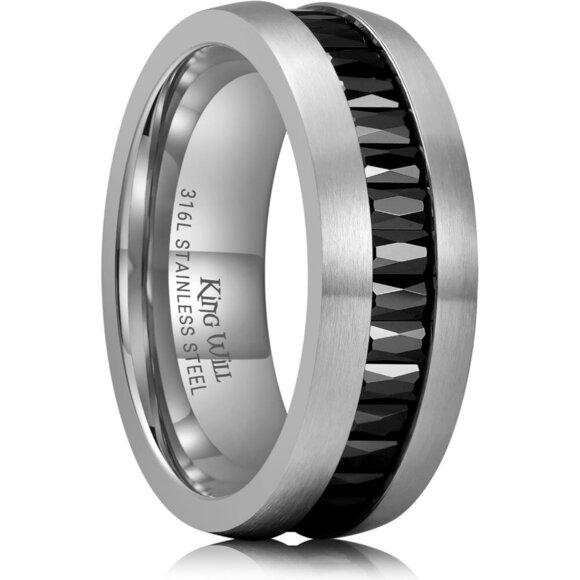 ⭐ King Will Stainless Steel Men's Wedding Band - 8mm Black Zirconia Inlay